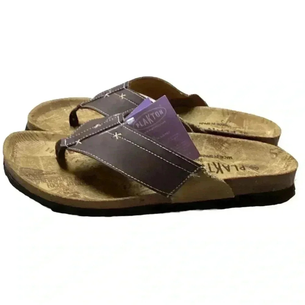 Plakton Women 10.5 43 Leather Cork Flat Thong Slide Sanals Brown Embroidery NEW - Picture 6 of 7